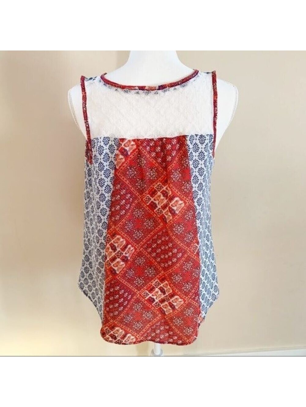 Jolt Tank Top Womens Medium Red Blue Mixed Print Lace Back Boho Patchwork - Picture 2 of 6